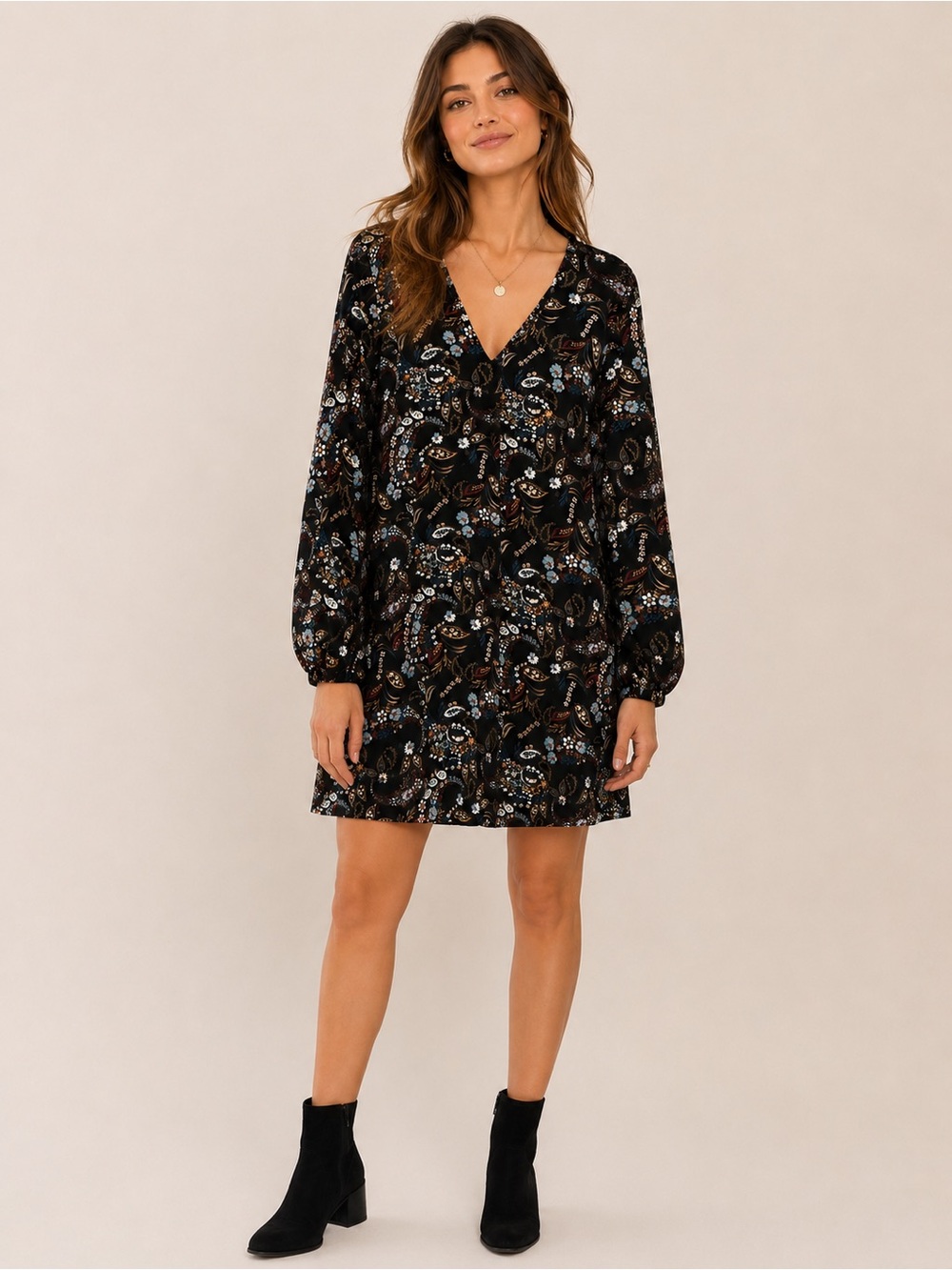Wayf Black Floral V-Neck Long Sleeve Paisley Boho Cottagecore Shift Dress